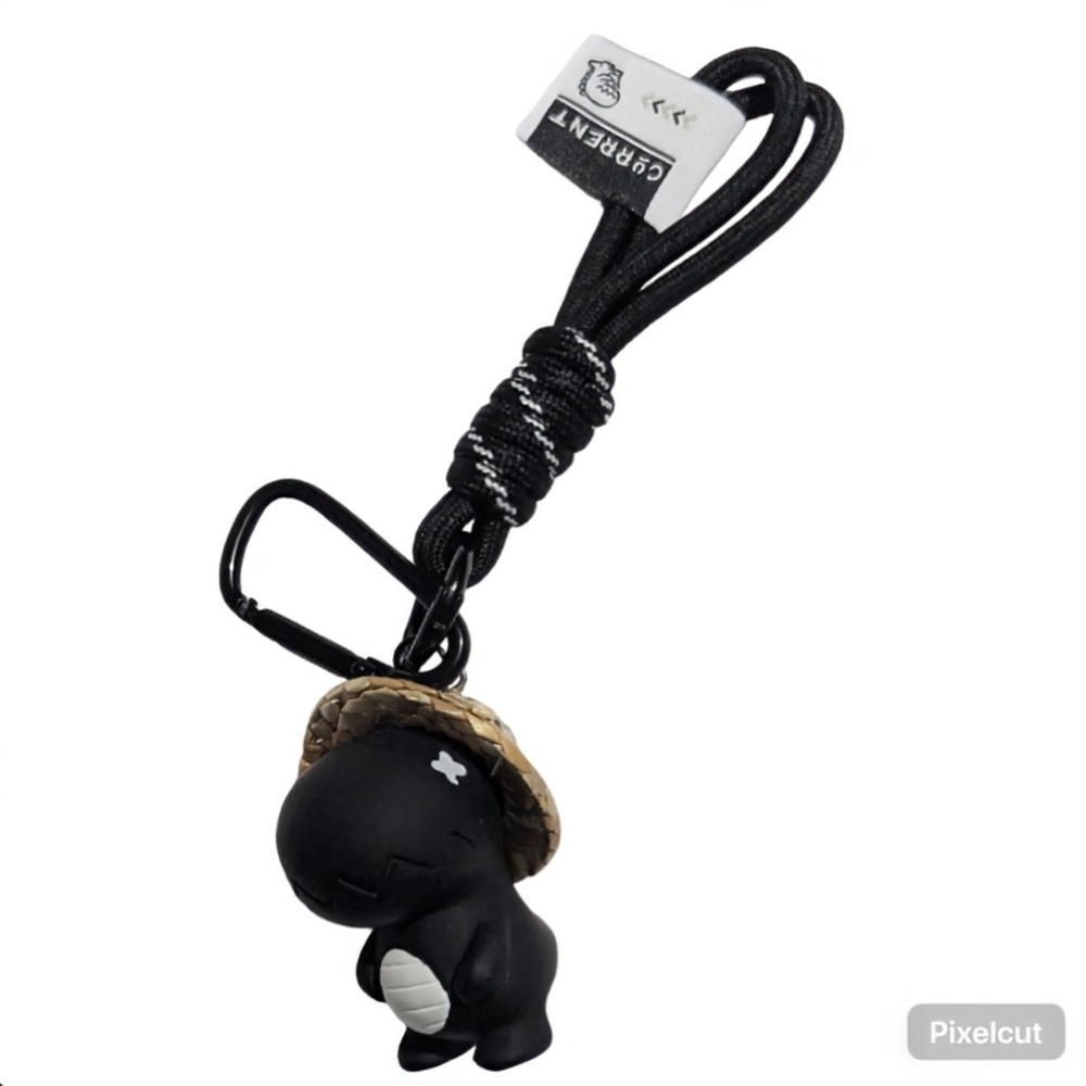 Black Dinosaur Keychain with Straw Hat